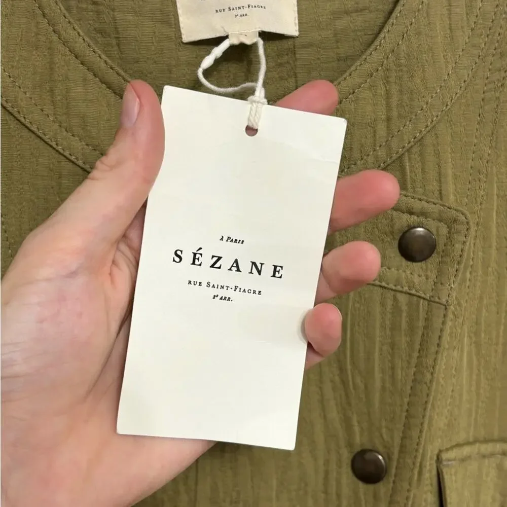 NWT Sezane Quilted Linen Cotton Hailey Jumpsuit in Olive Khaki - Size 34 (US 2)